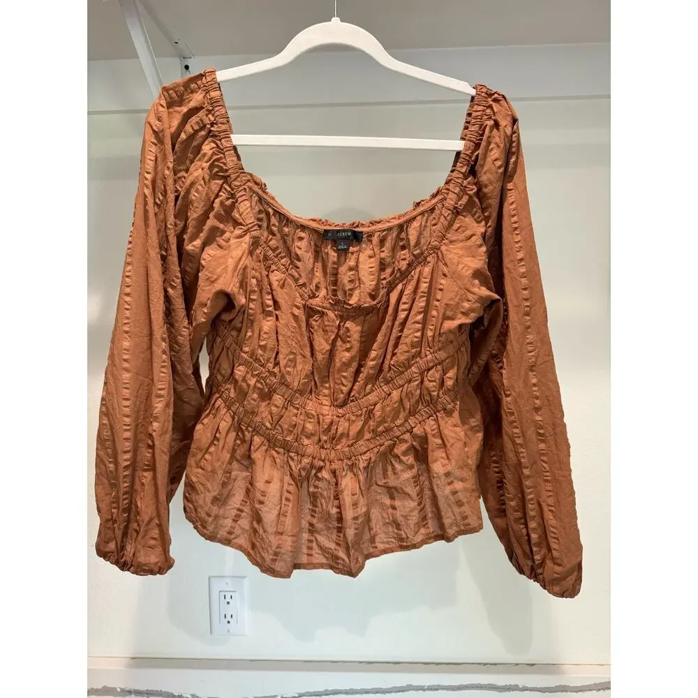 J. Crew Puff Sleeve Cotton Top Brown Size‎ Large Cropped
